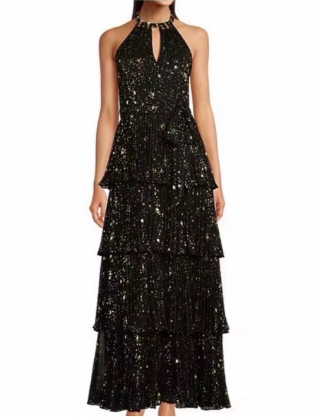Alex Marie Black Tiered Halter Maxi Dress with Metallic Gold Stars